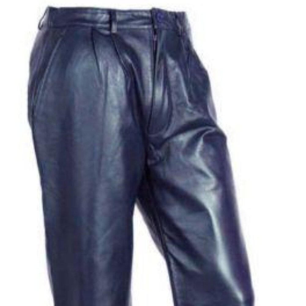 Women’s Navy Blue Soft Leather Pleated Dress Pants with Open Hem Plus Size